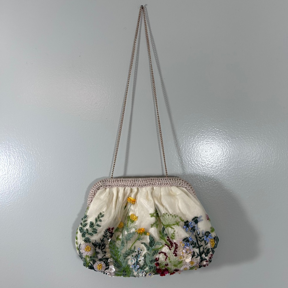Floral Beaded Embroidered Evening Clutch Bag Cream Gold Chain Handcrafted